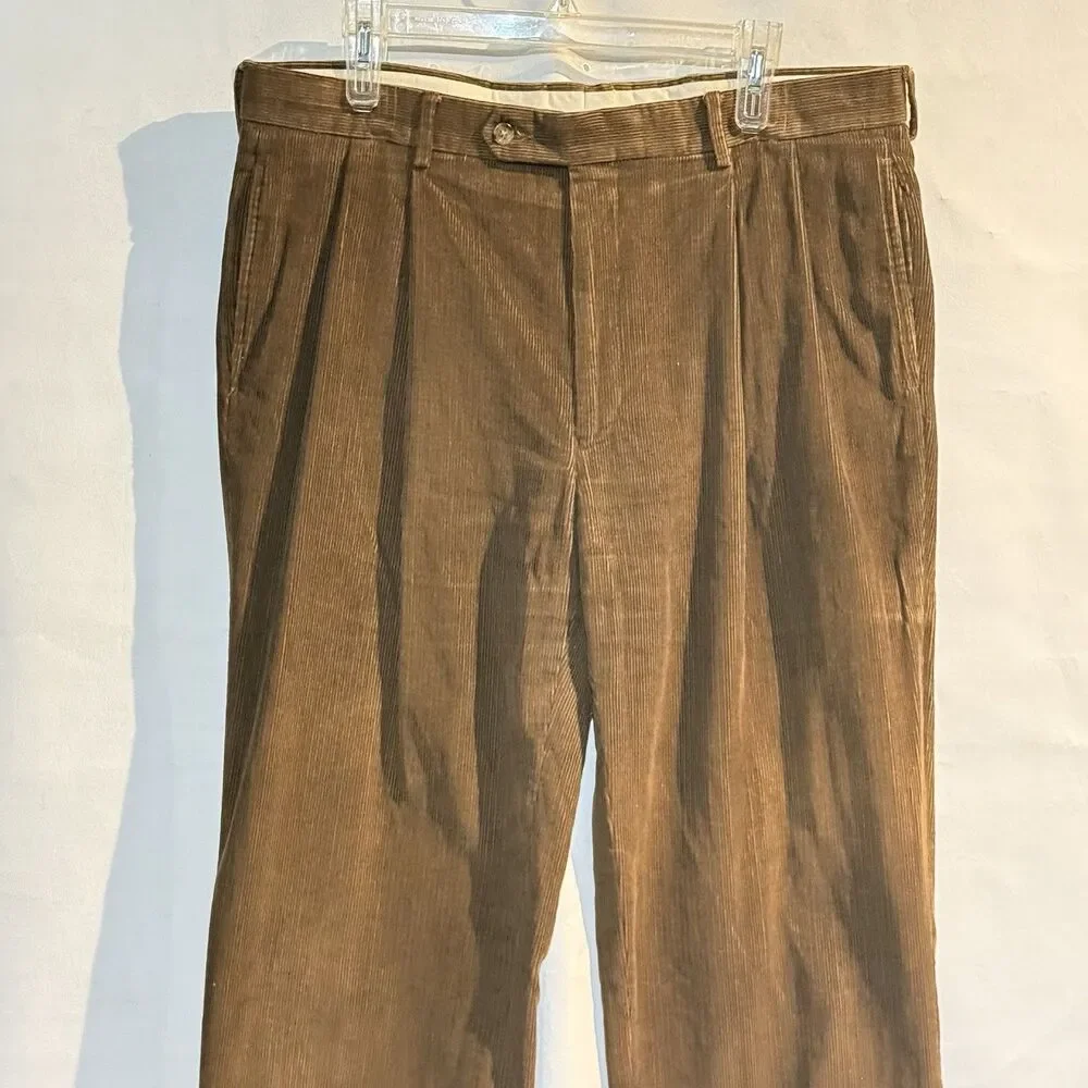 VTG Jos. A. Bank Mens Pants Green Corduroy Straight Cuffed Pleat Chinos Size 35